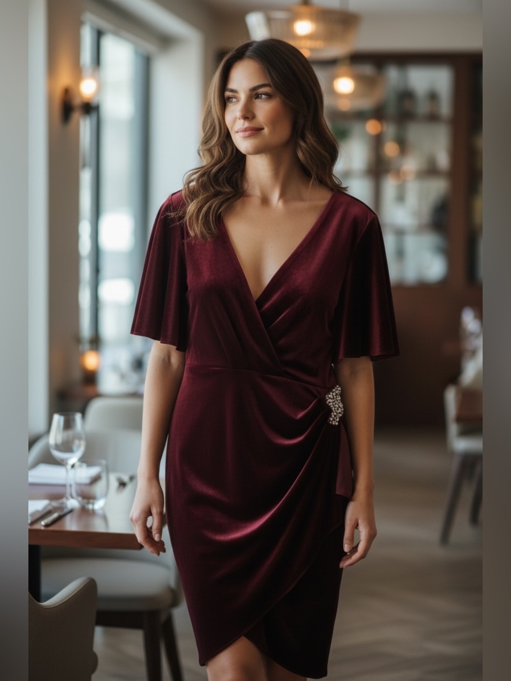 SLNY Burgundy Velvet Wrap Midi Dress
